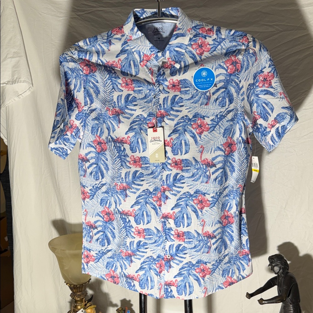 Izod Men's Tropical Blue and Pink Button Down Shirt